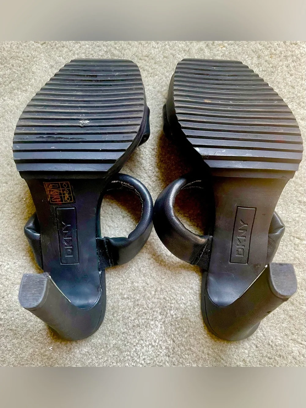 DKNY Black Double-Strap Square-Toe Mule Sandals with Silver Trim, Size 7.5